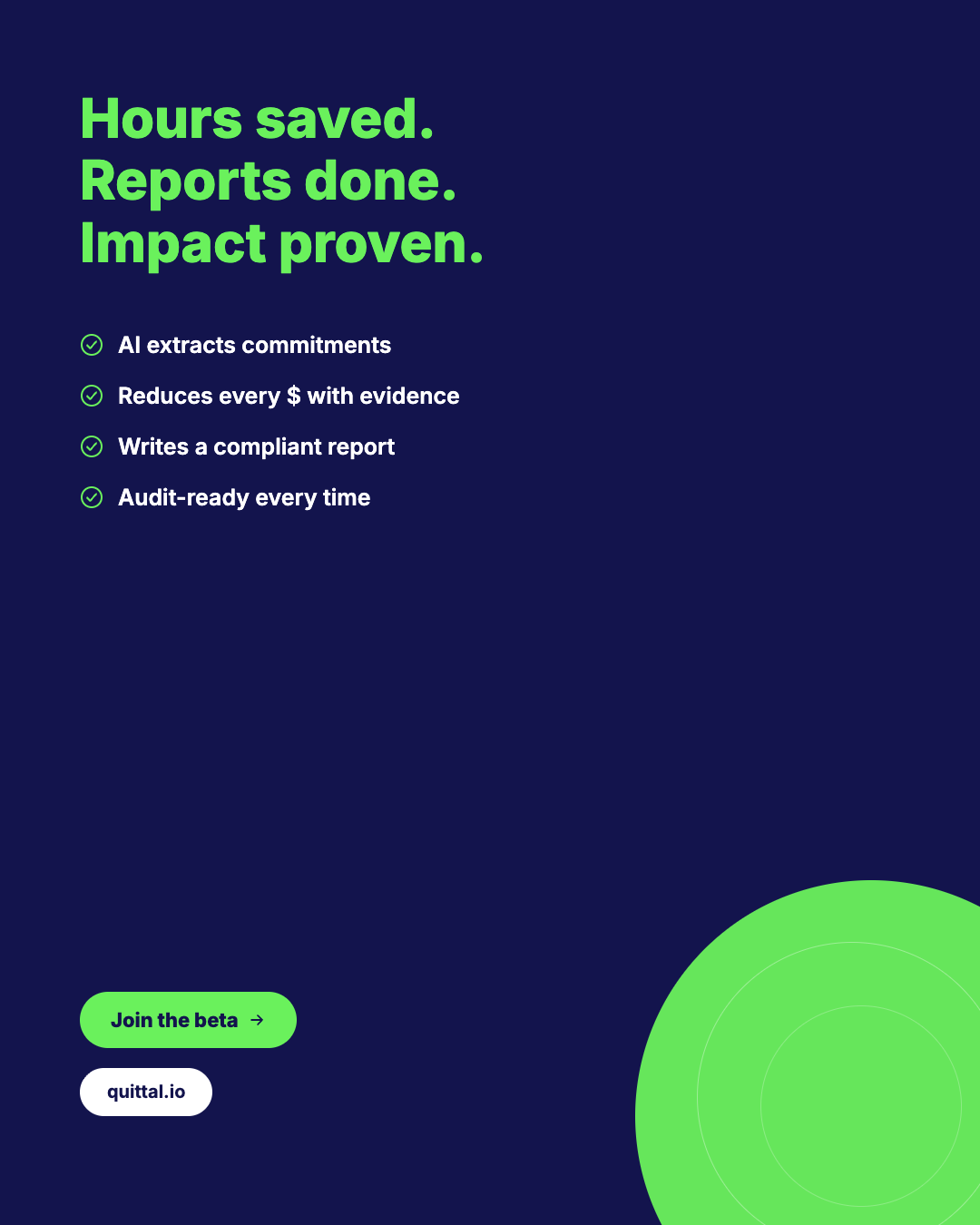Hours saved. Reports done. Impact proven. Join the Quittal beta at quittal.io.