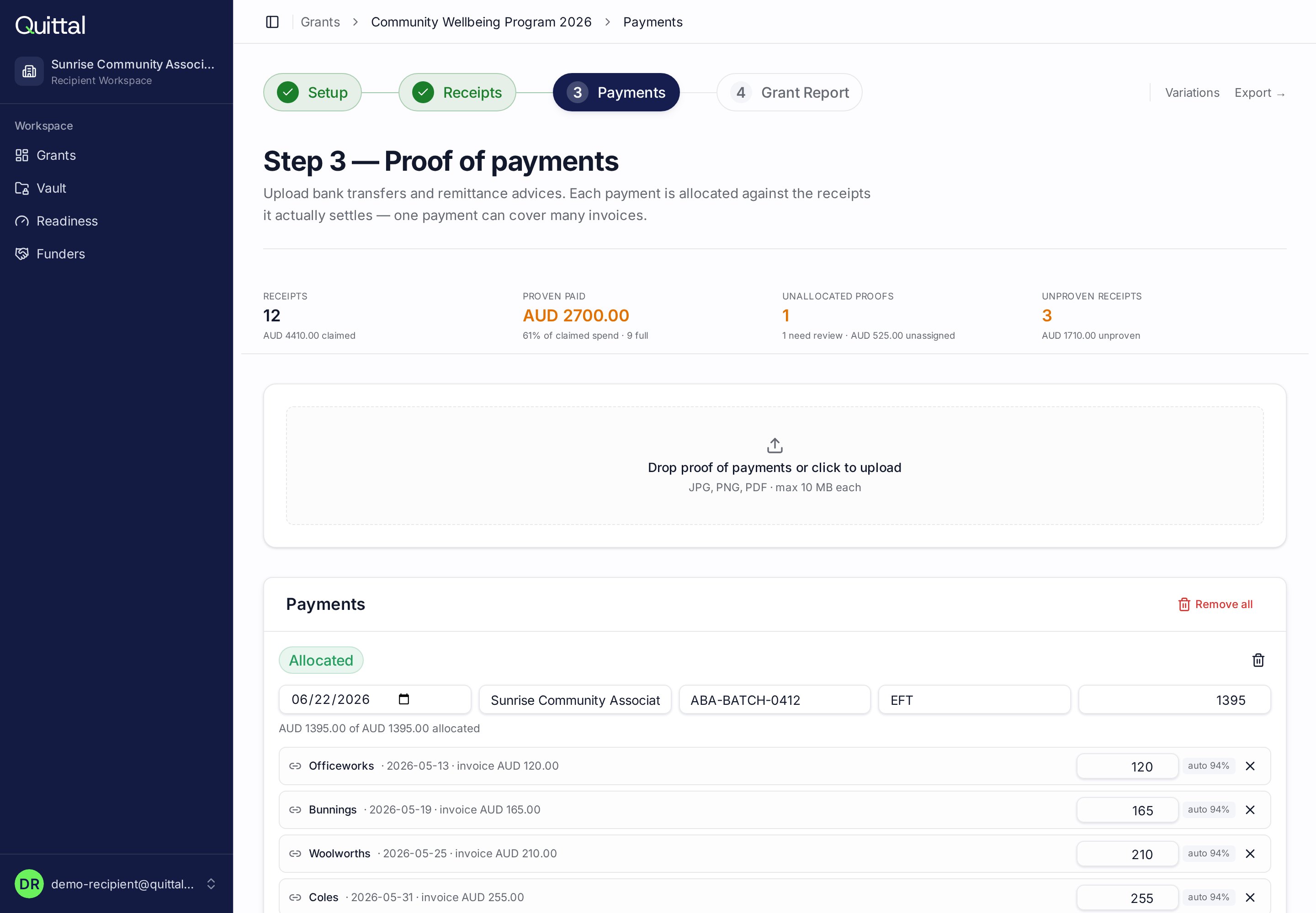 Proof of payments screen showing an ABA batch allocated across four supplier invoices