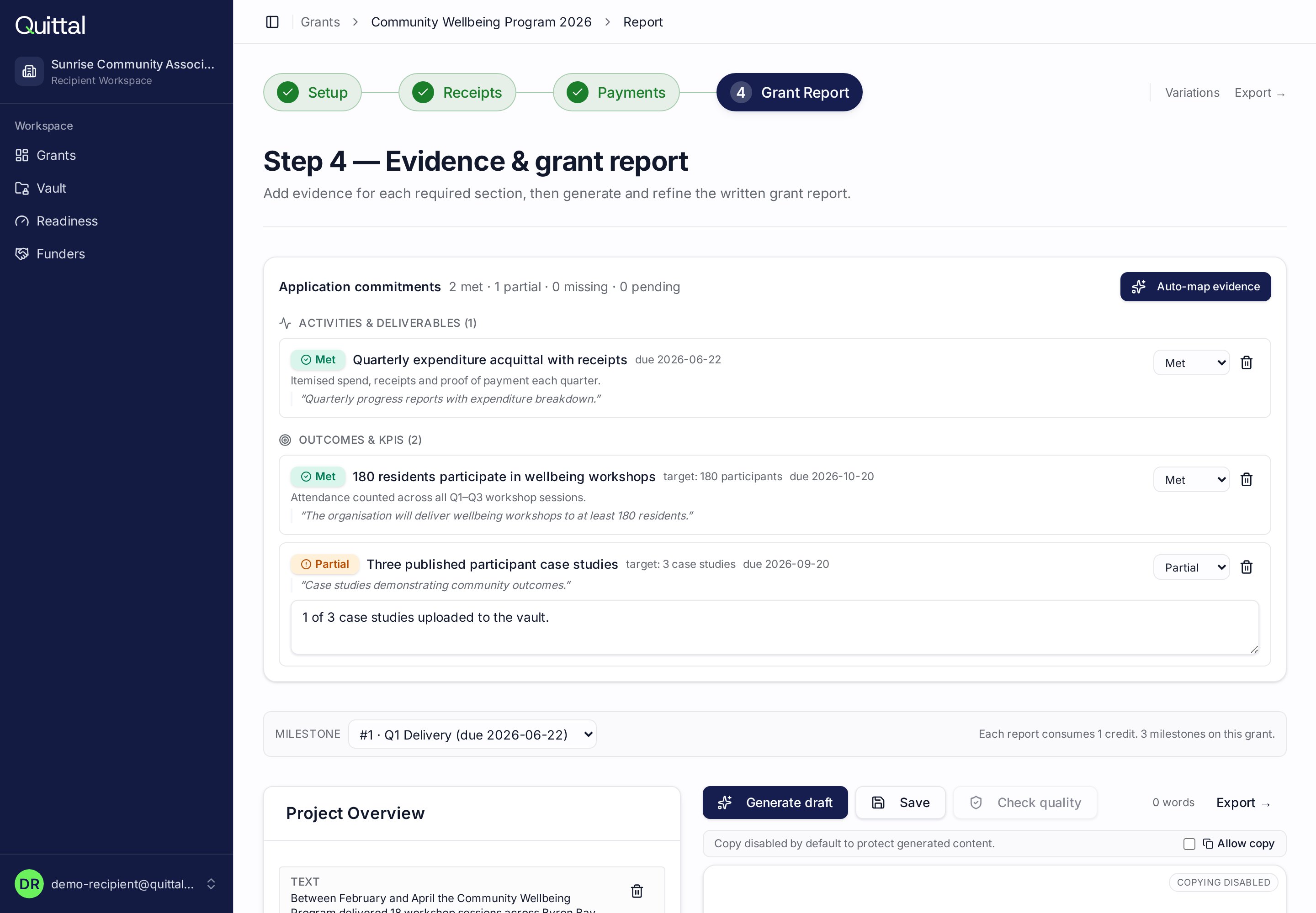 Grant report screen showing application commitments and a generated report draft
