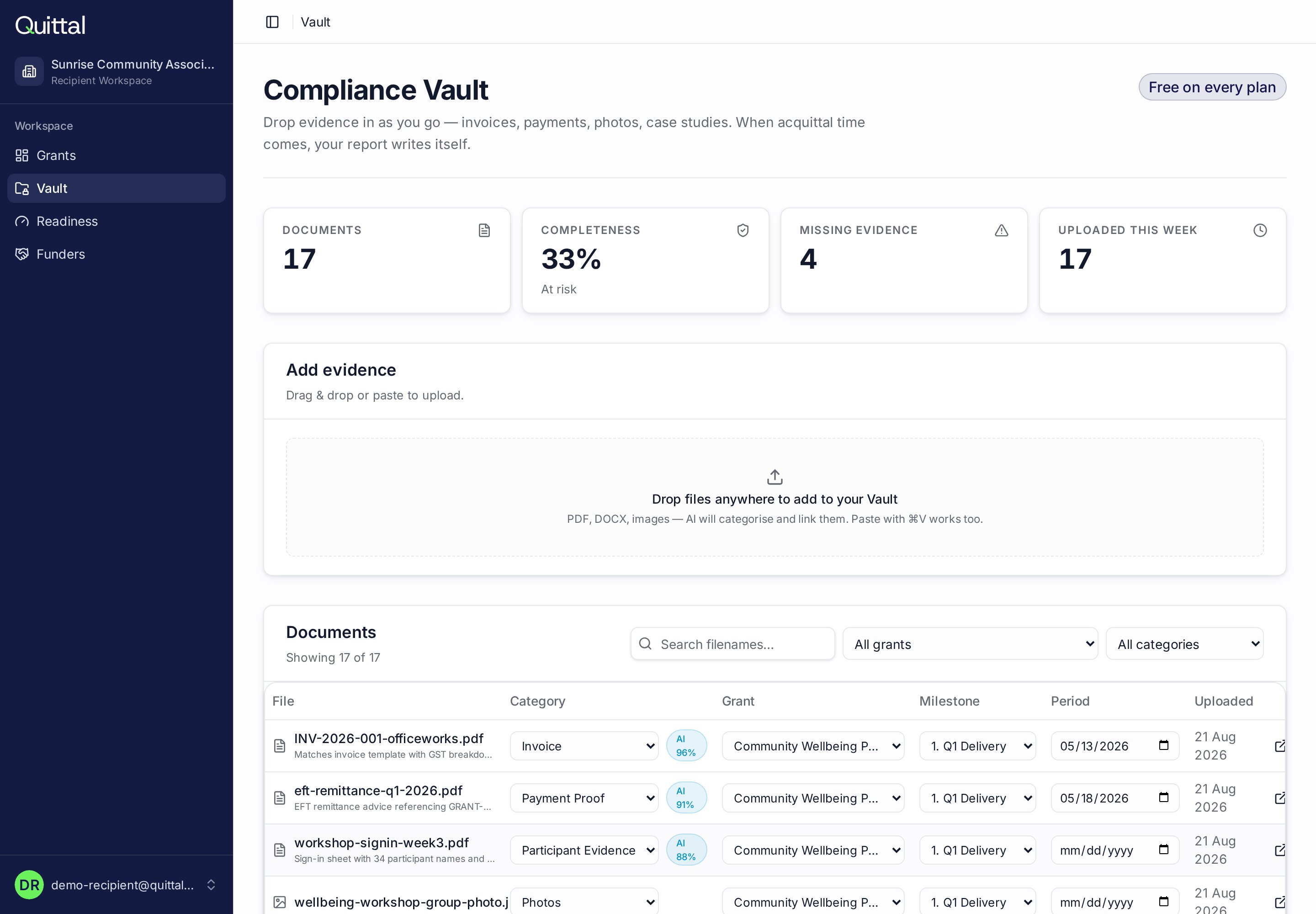 Document vault listing categorised grant documents with upload controls